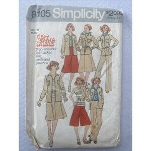 #8105 Simplicity Pattern Misses 1970s Skirt Pants Gauchos Jacket Retro Safari FF